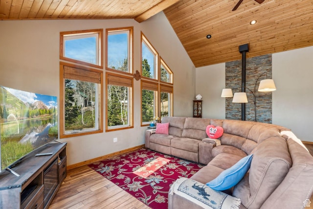 2620 Crow Loop, Coalville, UT 84017 - living area featuring wood ceiling with exposed beams, hardwood / wood-style flooring, high vaulted ceiling, baseboards, and healthy amount of natural light