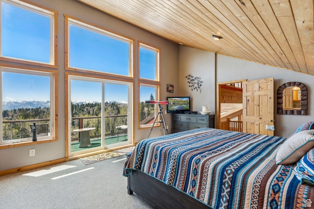 2620 Crow Loop, Coalville, UT 84017 - carpeted bedroom featuring wood ceiling, access to outside, high vaulted ceiling, and baseboards
