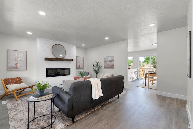 4112 W 5085 S, Kearns, UT 84118 - living area with a textured ceiling, wood finished floors, recessed lighting, baseboards, and a large fireplace