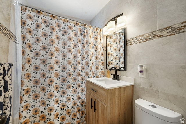 705 N American Beauty Dr, Salt Lake City, UT 84116 - bathroom featuring vanity, toilet, a shower with curtain, and tile walls