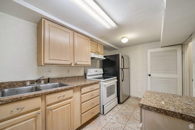 705 N American Beauty Dr, Salt Lake City, UT 84116 - kitchen with white electric range oven, light brown cabinetry, under cabinet range hood, a sink, and light tile patterned flooring