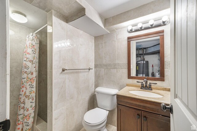 705 N American Beauty Dr, Salt Lake City, UT 84116 - bathroom featuring water heater, vanity, tile walls, a shower stall, and toilet