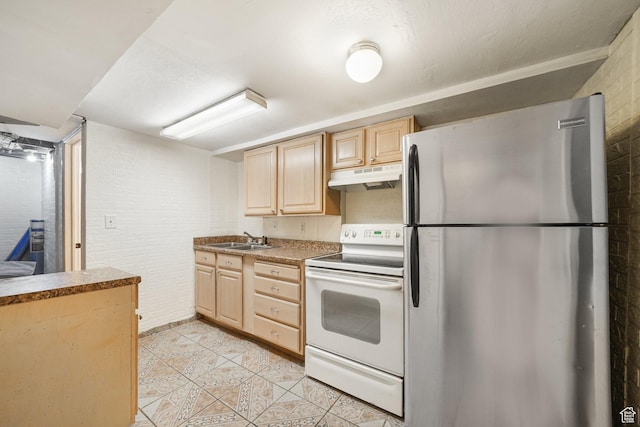 705 N American Beauty Dr, Salt Lake City, UT 84116 - kitchen with freestanding refrigerator, white electric stove, light brown cabinets, under cabinet range hood, and a sink