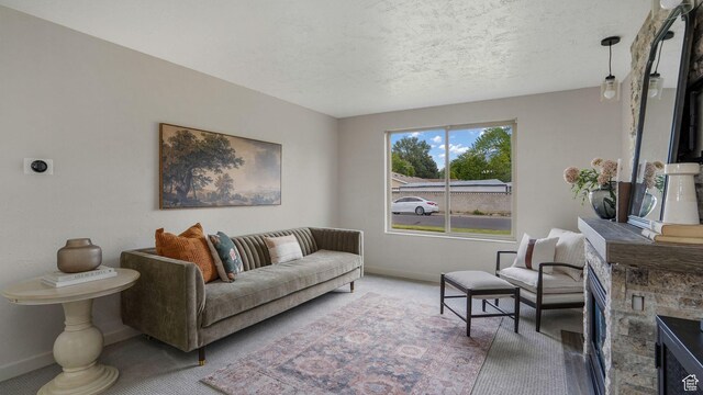 8646 S Spartan Dr, Sandy, UT 84094 - living room with light colored carpet, baseboards, and a textured ceiling
