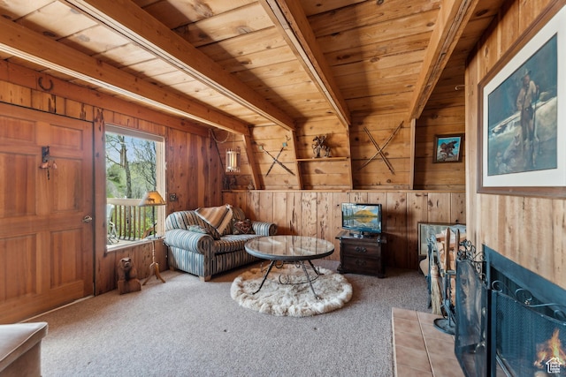 2422 S Valley View Cir, Coalville, UT 84017 - sitting room with light colored carpet, wood walls, and wooden ceiling