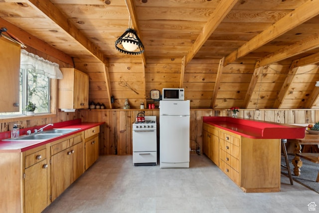 2422 S Valley View Cir, Coalville, UT 84017 - kitchen featuring white appliances, a sink, wooden ceiling with exposed beams, a peninsula, and wooden walls