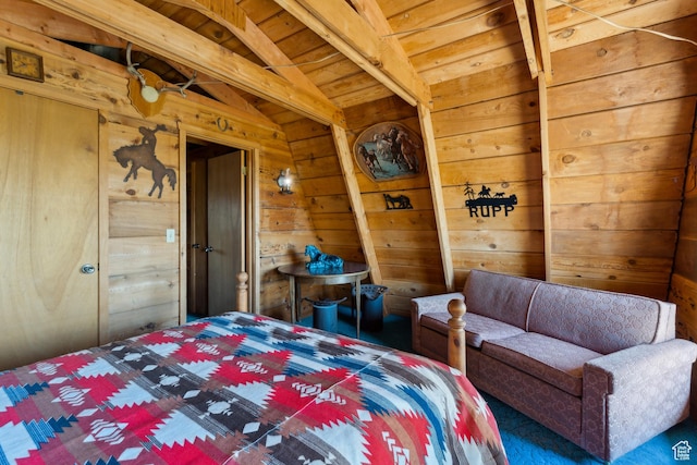 2422 S Valley View Cir, Coalville, UT 84017 - carpeted bedroom featuring wood walls and wooden ceiling with exposed beams
