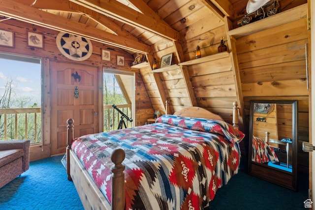 2422 S Valley View Cir, Coalville, UT 84017 - bedroom featuring carpet flooring, multiple windows, wooden ceiling, and wooden walls