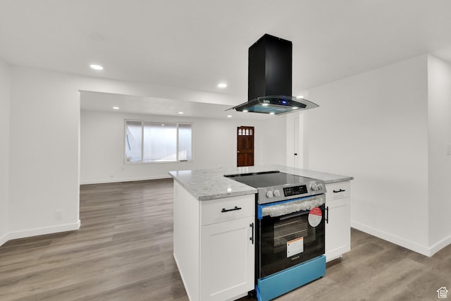 2054 W Mark St, Layton, UT 84041 - kitchen featuring stainless steel electric range, island exhaust hood, baseboards, recessed lighting, and light wood-type flooring