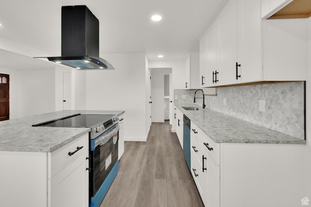 2054 W Mark St, Layton, UT 84041 - kitchen featuring stainless steel electric stove, island exhaust hood, a sink, light wood-style flooring, and recessed lighting