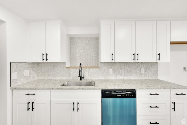 2054 W Mark St, Layton, UT 84041 - kitchen with dishwasher, a sink, backsplash, white cabinets, and light stone counters