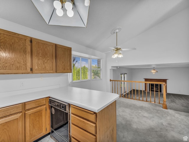4853 W Ticklegrass Rd, West Jordan, UT 84081 - kitchen featuring a peninsula, dishwasher, lofted ceiling, light countertops, and a ceiling fan