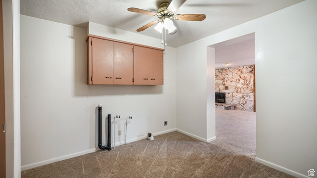374 N 500 E, Spanish Fork, UT 84660 - washroom featuring cabinet space, light carpet, ceiling fan, hookup for an electric dryer, and a textured ceiling