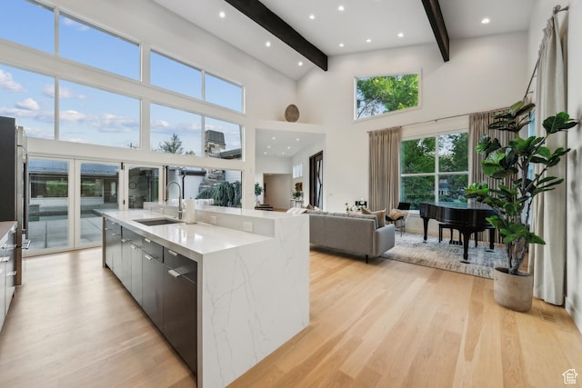 2067 E Pheasant Cir, Holladay, UT 84121 - kitchen featuring a sink, beamed ceiling, light wood finished floors, modern cabinets, and open floor plan