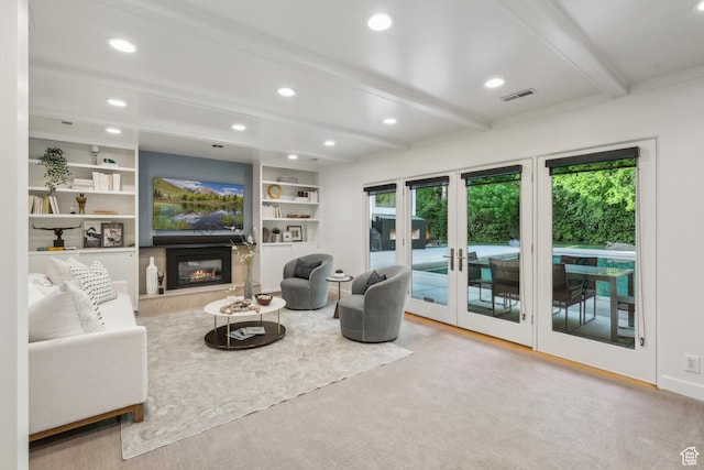 2067 E Pheasant Cir, Holladay, UT 84121 - living room with beamed ceiling, recessed lighting, and a glass covered fireplace