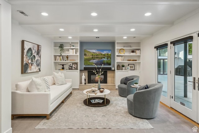 2067 E Pheasant Cir, Holladay, UT 84121 - living room featuring beam ceiling, recessed lighting, built in shelves, and wood finished floors