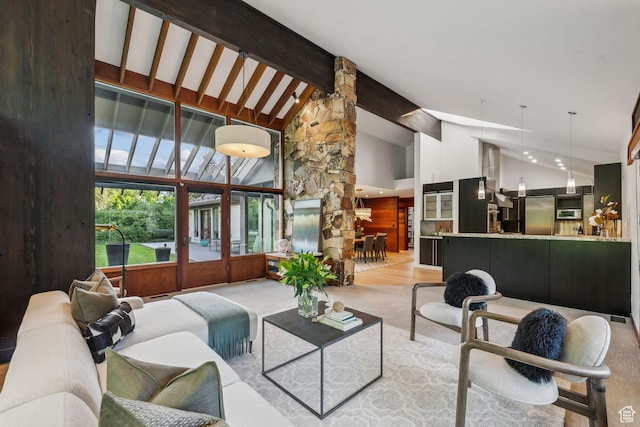 2067 E Pheasant Cir, Holladay, UT 84121 - living area featuring high vaulted ceiling, light carpet, and beamed ceiling