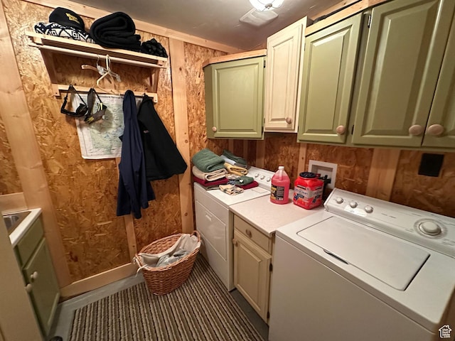 9281 N Uinta Dr Unit 348, Oakley, UT 84055 - washroom with cabinet space, washer and clothes dryer, and wood walls