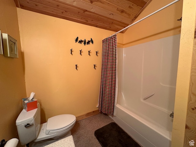 9281 N Uinta Dr Unit 348, Oakley, UT 84055 - bathroom with wood ceiling, toilet, lofted ceiling, and shower / bath combination with curtain