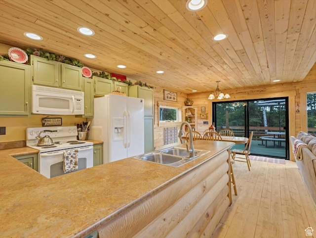9281 N Uinta Dr, Oakley, UT 84055 - kitchen featuring white appliances, a sink, recessed lighting, green cabinets, and wooden ceiling