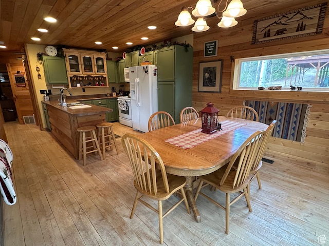 9281 N Uinta Dr Unit 348, Oakley, UT 84055 - dining space with light wood finished floors, recessed lighting, a chandelier, wooden ceiling, and wooden walls