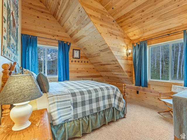 9281 N Uinta Dr, Oakley, UT 84055 - bedroom with vaulted ceiling, wooden walls, wooden ceiling, and carpet