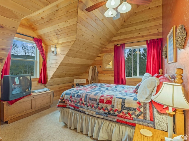 9281 N Uinta Dr, Oakley, UT 84055 - bedroom featuring multiple windows, lofted ceiling, wooden ceiling, wood walls, and carpet