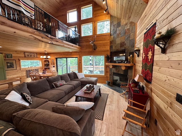 9281 N Uinta Dr Unit 348, Oakley, UT 84055 - living area featuring wooden walls, hardwood / wood-style flooring, wooden ceiling, a fireplace, and healthy amount of natural light