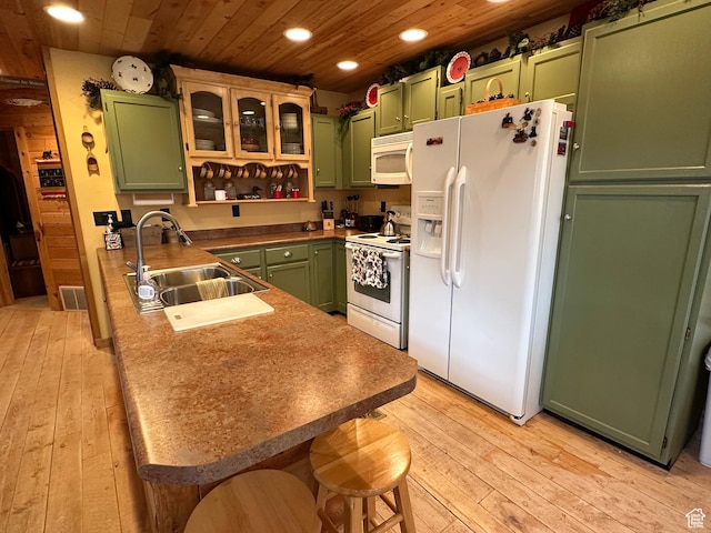 9281 N Uinta Dr Unit 348, Oakley, UT 84055 - kitchen with green cabinetry, white appliances, a sink, light wood-style floors, and wooden ceiling