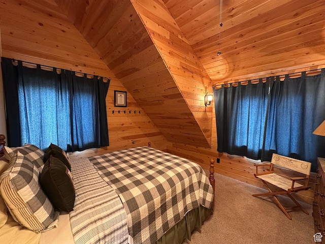 9281 N Uinta Dr Unit 348, Oakley, UT 84055 - bedroom featuring wooden ceiling, wooden walls, lofted ceiling, and carpet flooring
