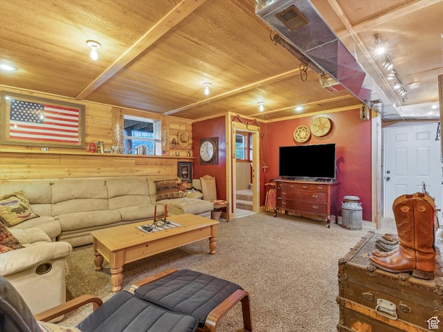 9281 N Uinta Dr, Oakley, UT 84055 - living area featuring wooden ceiling, carpet floors, and baseboards