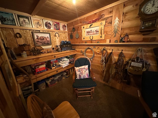 9281 N Uinta Dr Unit 348, Oakley, UT 84055 - carpeted office featuring a workshop area, wooden walls, and wood ceiling