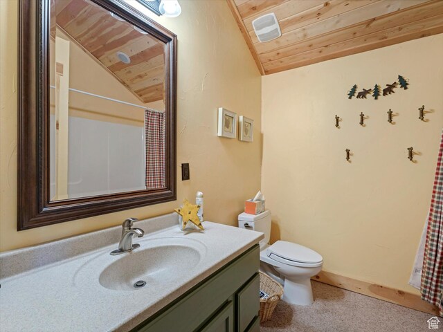 9281 N Uinta Dr, Oakley, UT 84055 - full bath with vaulted ceiling, wood ceiling, toilet, vanity, and a shower with curtain