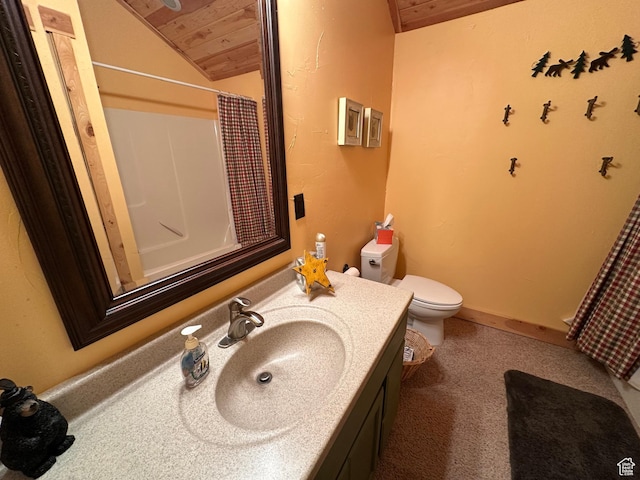 9281 N Uinta Dr Unit 348, Oakley, UT 84055 - bathroom featuring toilet, vanity, wooden ceiling, vaulted ceiling, and a shower with shower curtain
