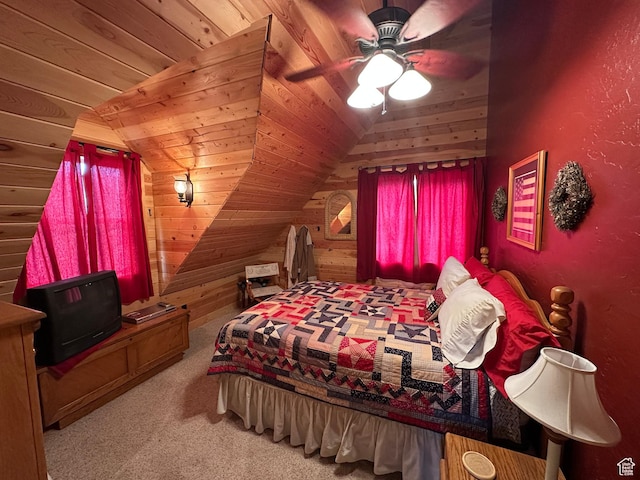 9281 N Uinta Dr Unit 348, Oakley, UT 84055 - carpeted bedroom featuring wooden ceiling, lofted ceiling, wooden walls, and a ceiling fan