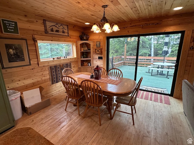 9281 N Uinta Dr Unit 348, Oakley, UT 84055 - dining space featuring a chandelier, wood walls, light wood-style flooring, wood ceiling, and recessed lighting