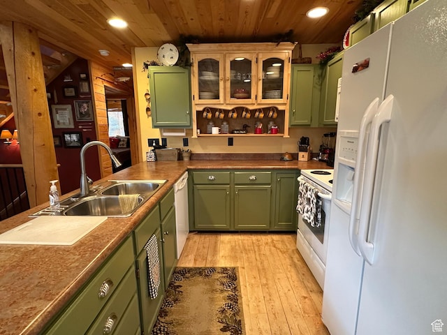 9281 N Uinta Dr Unit 348, Oakley, UT 84055 - kitchen featuring green cabinets, white appliances, a sink, wood ceiling, and light wood finished floors