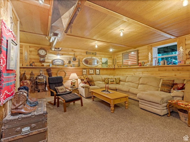 9281 N Uinta Dr, Oakley, UT 84055 - living room featuring wooden ceiling, rustic walls, and carpet floors