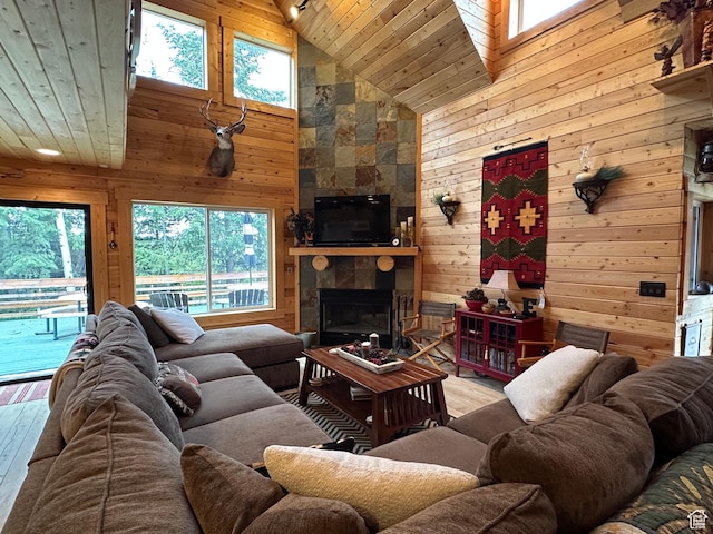9281 N Uinta Dr Unit 348, Oakley, UT 84055 - living area featuring high vaulted ceiling, hardwood / wood-style flooring, wood walls, wooden ceiling, and a fireplace