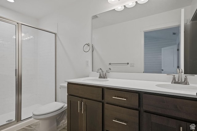 5957 W Lake Ave, South Jordan, UT 84009 - bathroom featuring double vanity, a stall shower, toilet, and marble look tiles