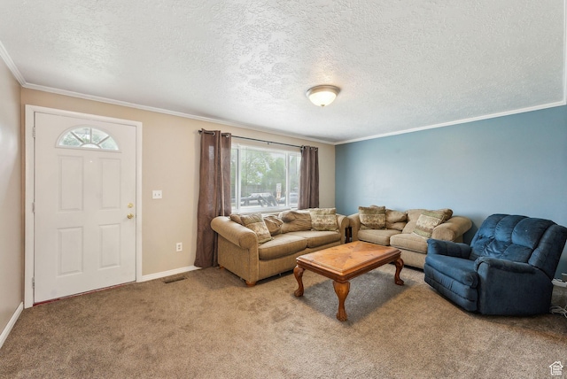 981 N Tremont St, Tremonton, UT 84337 - carpeted living area featuring crown molding, a textured ceiling, and baseboards