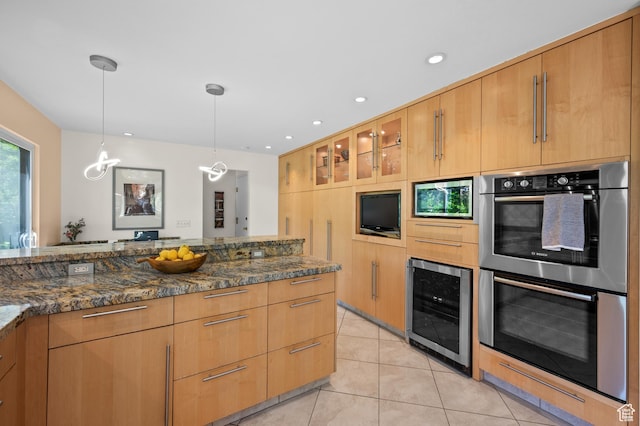 8848 S Willow Hills Ct, Sandy, UT 84093 - kitchen featuring appliances with stainless steel finishes, wine cooler, dark stone countertops, light tile patterned floors, and recessed lighting