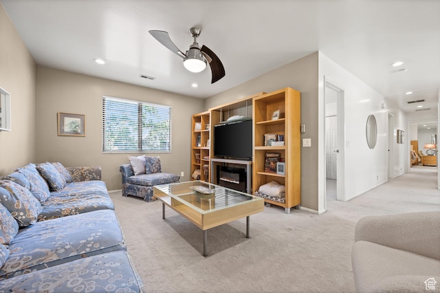 8848 S Willow Hills Ct, Sandy, UT 84093 - living area featuring light carpet, a ceiling fan, baseboards, and recessed lighting