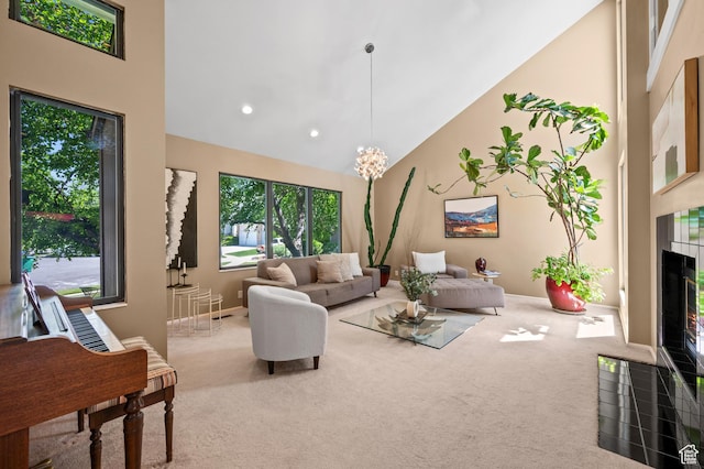 8848 S Willow Hills Ct, Sandy, UT 84093 - living room featuring high vaulted ceiling, carpet, a tile fireplace, baseboards, and recessed lighting