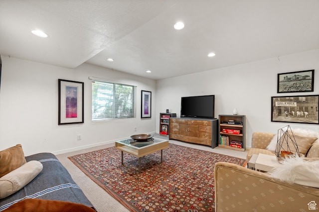 8848 S Willow Hills Ct, Sandy, UT 84093 - carpeted living area featuring baseboards and recessed lighting