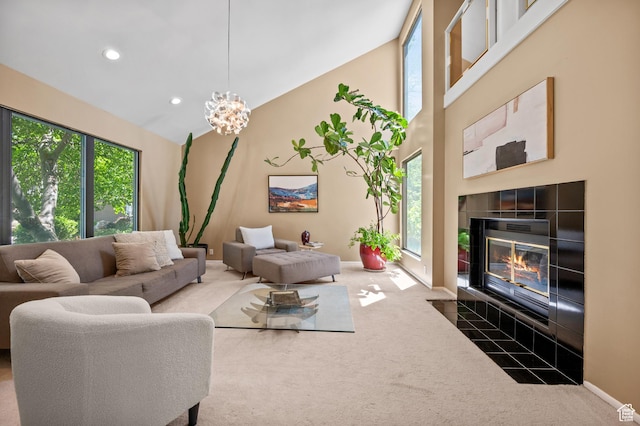 8848 S Willow Hills Ct, Sandy, UT 84093 - living area featuring carpet floors, a chandelier, baseboards, recessed lighting, and high vaulted ceiling