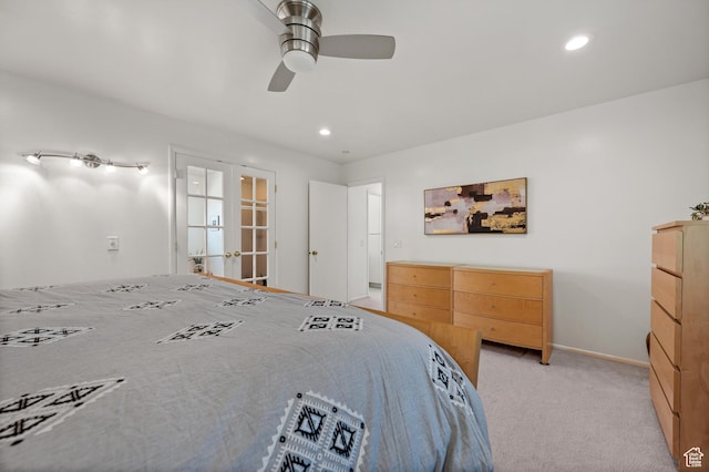 8848 S Willow Hills Ct, Sandy, UT 84093 - bedroom featuring light carpet, french doors, recessed lighting, ceiling fan, and baseboards