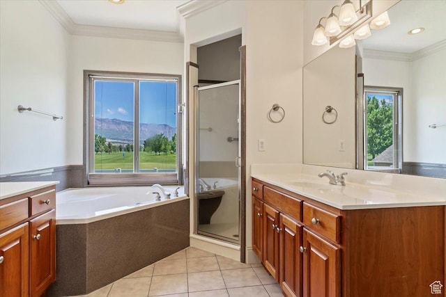 3524 N 3000 W, Farr West, UT 84404 - bathroom with vanity, ornamental molding, tile patterned flooring, a bath, and a shower stall