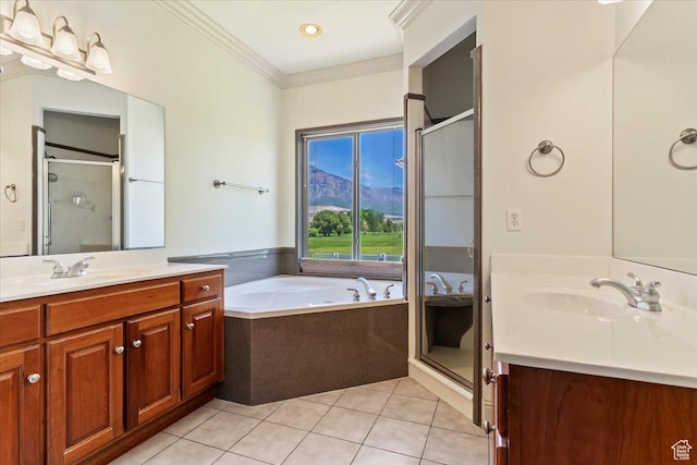 3524 N 3000 W, Farr West, UT 84404 - bathroom with tile patterned floors, vanity, ornamental molding, a stall shower, and a bath