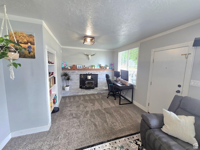 1191 N Geneva Rd, Provo, UT 84601 - carpeted office with ornamental molding, a textured ceiling, baseboards, and a wood stove